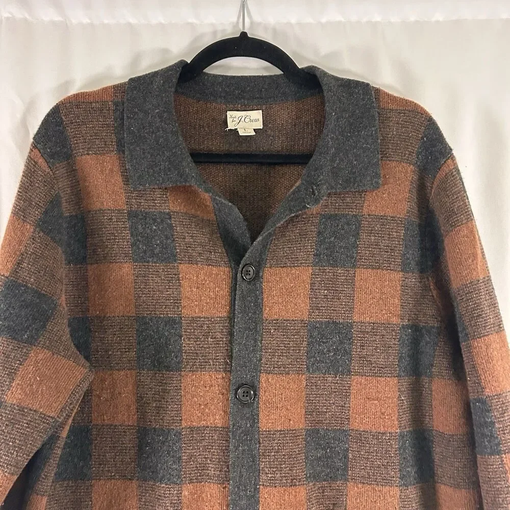 J. Crew Merino Wool Blend Cardigan Men's Large Brown Plaid Button Up Pockets